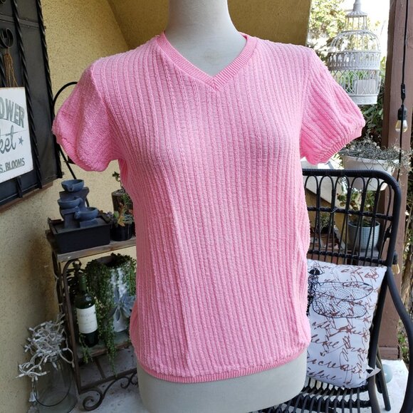 Vintage Bubble Gum Pink Top / Mod / V-Neck / Medium - Picture 2 of 5